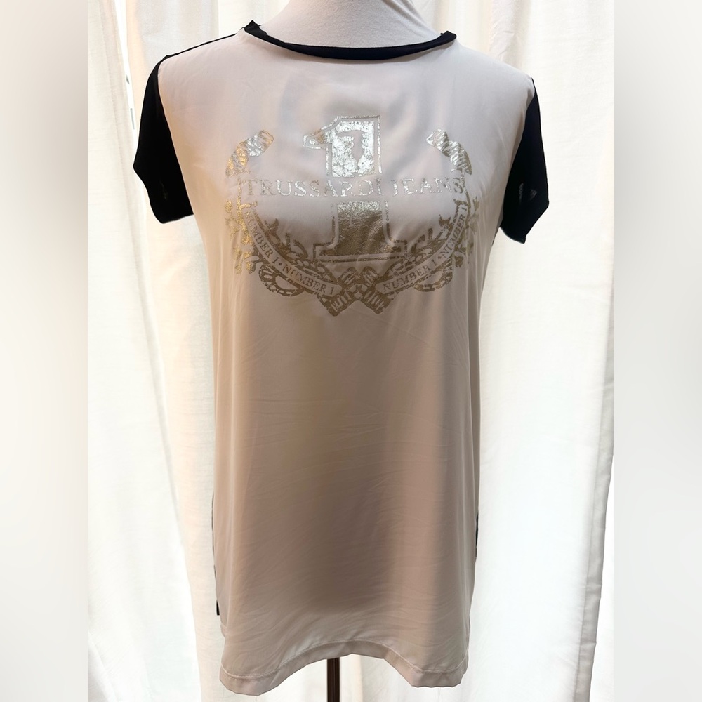 Trussardi jeans Women's dark blue and white T-shirt